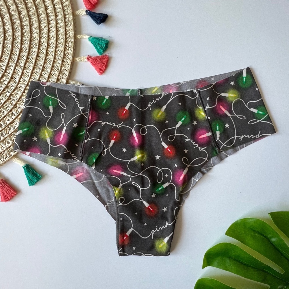 Victoria's Secret PINK No Show Cheekster Panty Gray w/ Christmas Lights S NEW